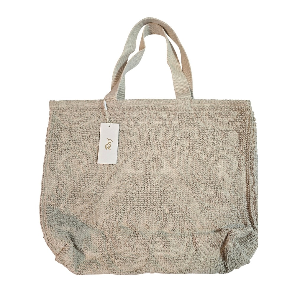Raj Woven Textured Carpet Beach Tote Bag Beige New